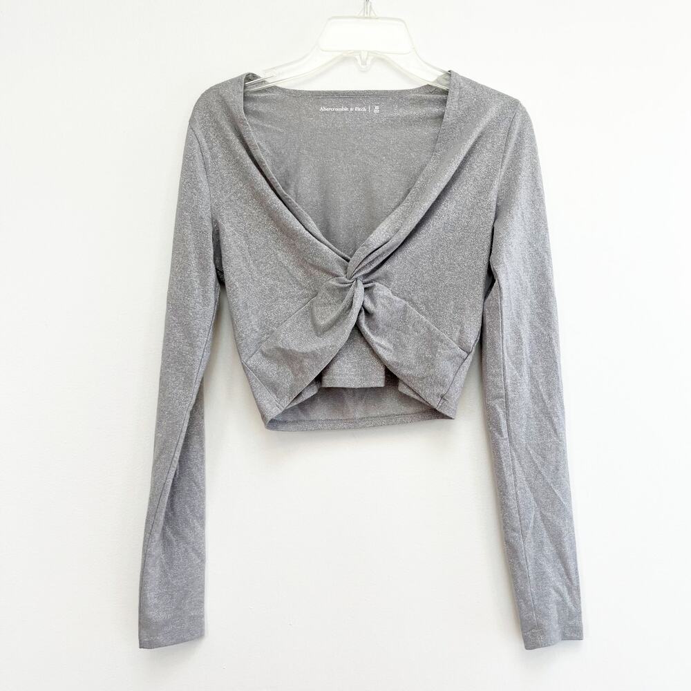 Abercrombie & Fitch Long Sleeve Sparkle Twist Crop Top Silver XS